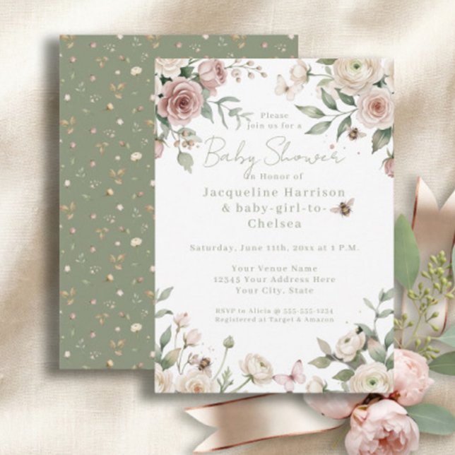 Invitation Douce petite fille à abeille Rose florale rose et  (Créateur téléchargé)