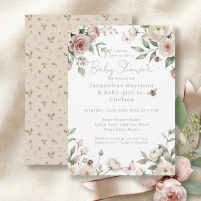 Invitation Douce petite fille à abeille Rose florale rose et  (Créateur téléchargé)