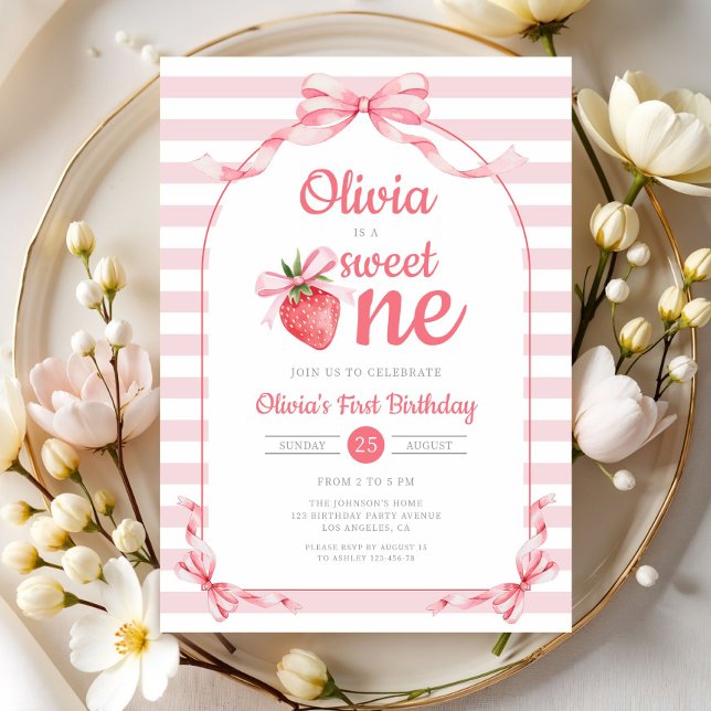 Invitation Douce petite fille à la fraise 1er anniversaire (Sweet One Strawberry Girl 1st Birthday Invitation)