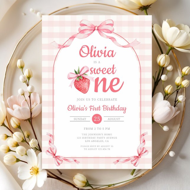 Invitation Douce petite fille à la fraise 1er anniversaire (Sweet One Strawberry Girl 1st Birthday Invitation)