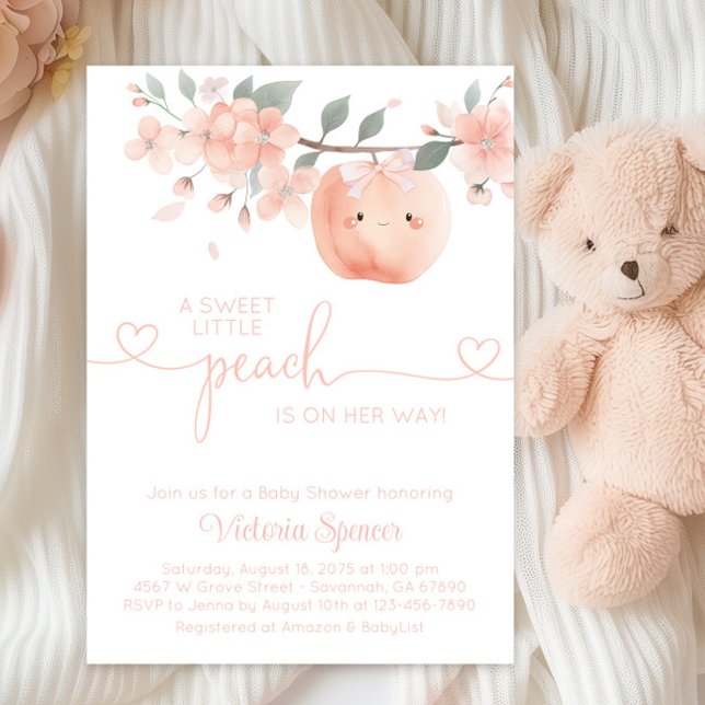 Invitation Douce Petite Fille Baby Shower Pêche (Adorable baby girl peach baby shower invitation with cute sleepy baby peach.)
