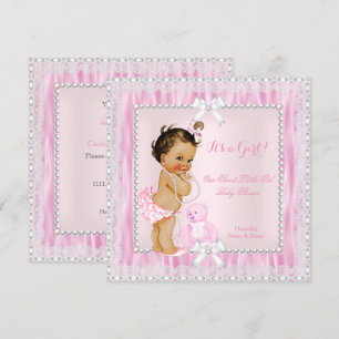 Invitation Douce Petite Fille Baby Shower Perles Dentelle Bru