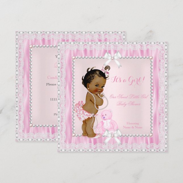Invitation Douce Petite Fille Baby Shower Perles Dentelle Eth (Devant / Derrière)