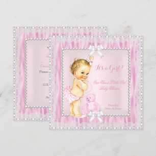 Invitation Douce Petite Fille Blonde Baby Shower Perles Dente