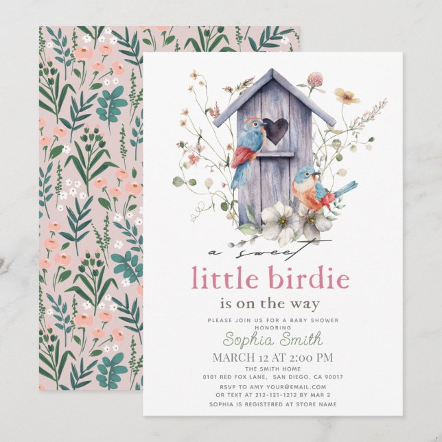 Invitation Douce Petite Fille de la Maison de l'Oiseau Fête P (Devant / Derrière)