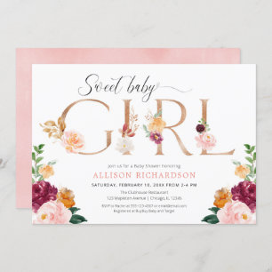 Invitation Douce petite fille rose d'or burgundy douche rouss