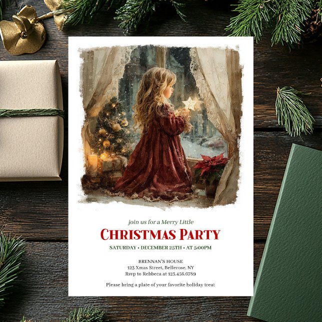 Invitation Douce Petite Fille Victorienne Attendant Santa Mod (Sweet Victorian Little Girl Awaiting Santa Editable Invite)