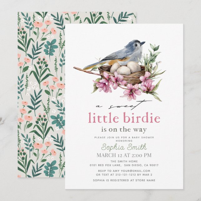 Invitation Douce Petite Florale Nid Fille Baby Shower (Devant / Derrière)