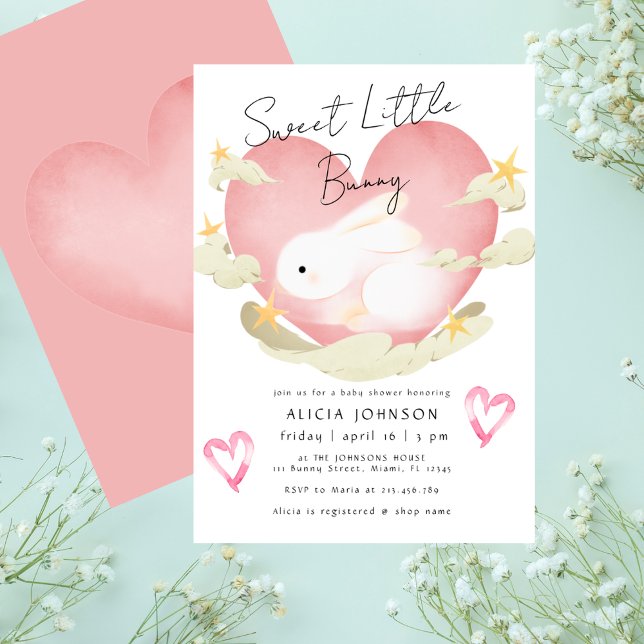 Invitation Douce Petite Lapin Doux Coeurs Roses Baby Shower (Créateur téléchargé)