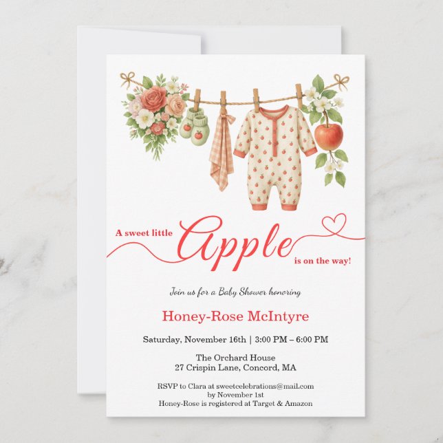 Invitation Douce petite pomme Baby Shower | Bébé Rustique d'A (Devant)