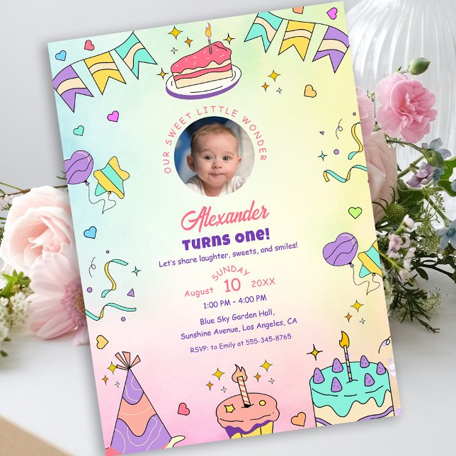 Invitation Douce Photo de 1er Anniversaire de Bébé Garçon aux (Sweet Pastel Cute Baby Boy 1st Birthday Photo Invitation)