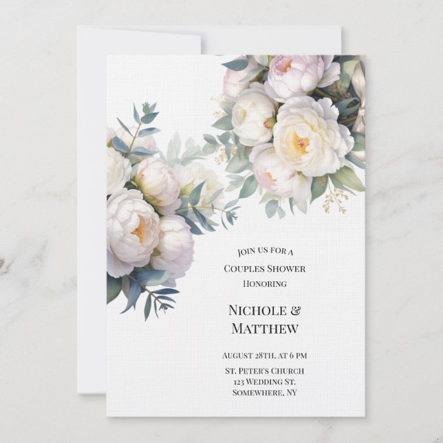 Invitation Douce Pivoine Blanche avec Douche de Couple Eucaly (Devant)