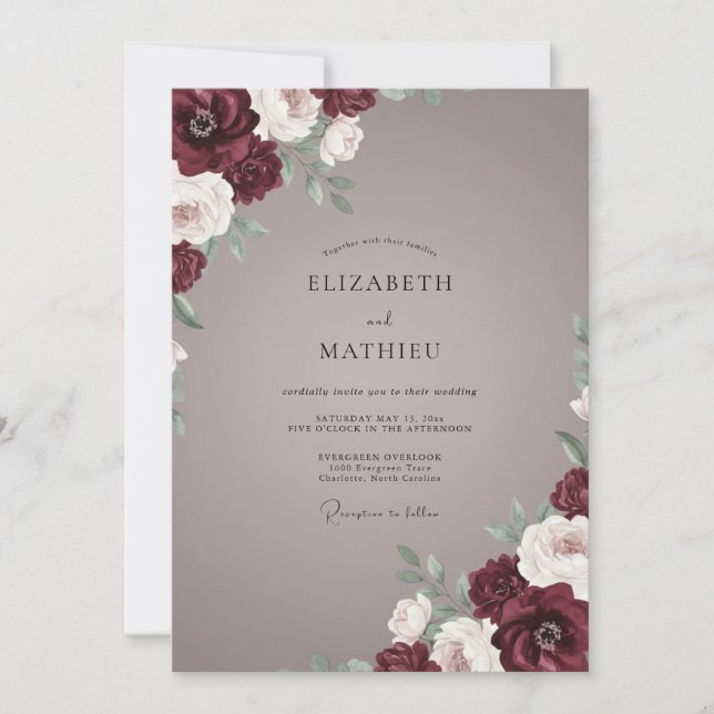 Invitation Douce Pivoine Mariage Marron Mauve (Devant)