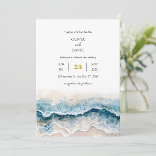 Invitation Douce Plage de Sable Bleu Vagues Art Aquarelle Mar