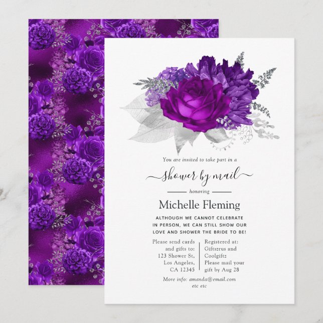 Invitation Douce pluie florale violette et argent par la post (Devant / Derrière)