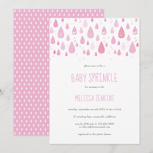Invitation Douce Pluie Rose Bébé Sprinkle / Shower (Devant / Derrière)