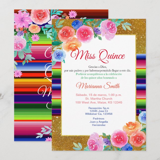 Invitation douce pour les 16 ans Floral rose Mexic (Devant / Derrière)