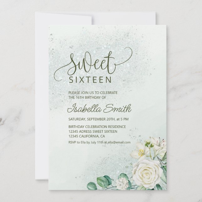 Invitation douce pour Sweet 16 vert clair et rose  (Devant)