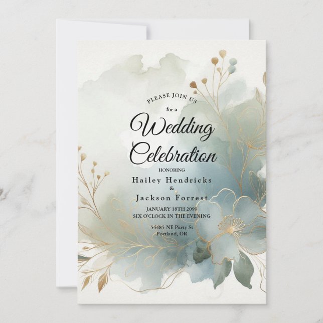 Invitation Douce poussière dorée bleue romantique de mariage (Devant)