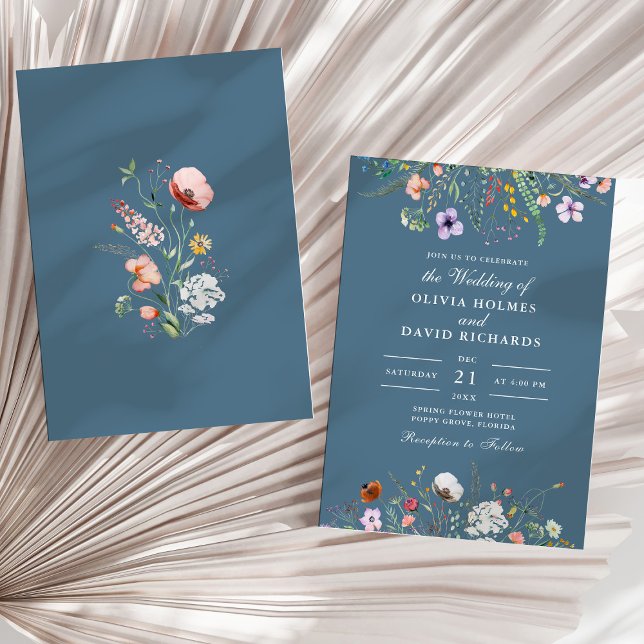 Invitation Douce Prairie de Fleurs Sauvages à l'Aquarelle Ble (Soft Blue Watercolor Wildflower Meadow Wedding Invitation on a sunny neutral dry palm leaf.)