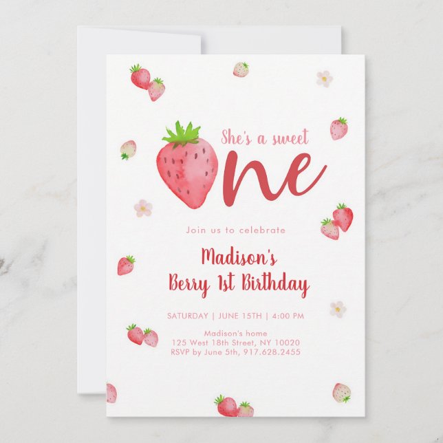 Invitation Douce Première Anniversaire de la Fraise (Devant)