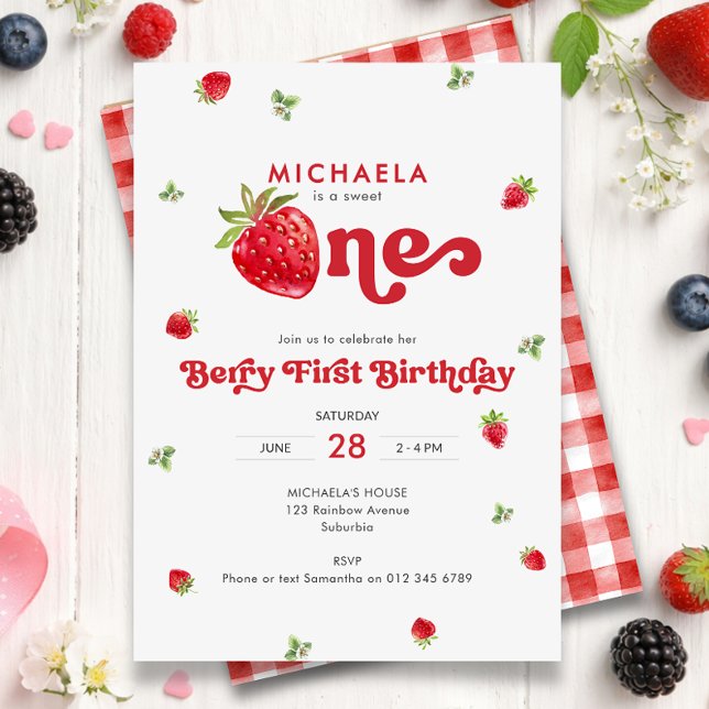 Invitation Douce Première Anniversaire de la Myrtille Gingham (Créateur téléchargé)