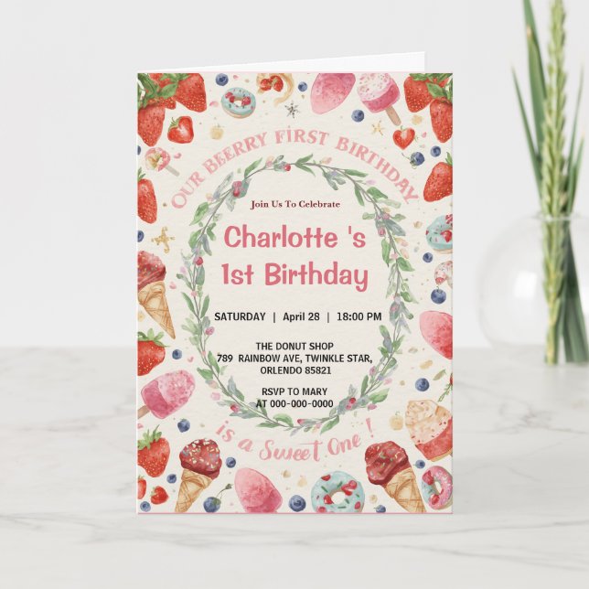 Invitation Douce première bougie anniversaire Donut glacé à l (Devant)