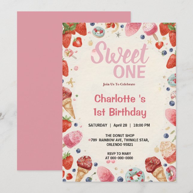 Invitation Douce première bougie anniversaire glace donut fra (Devant / Derrière)