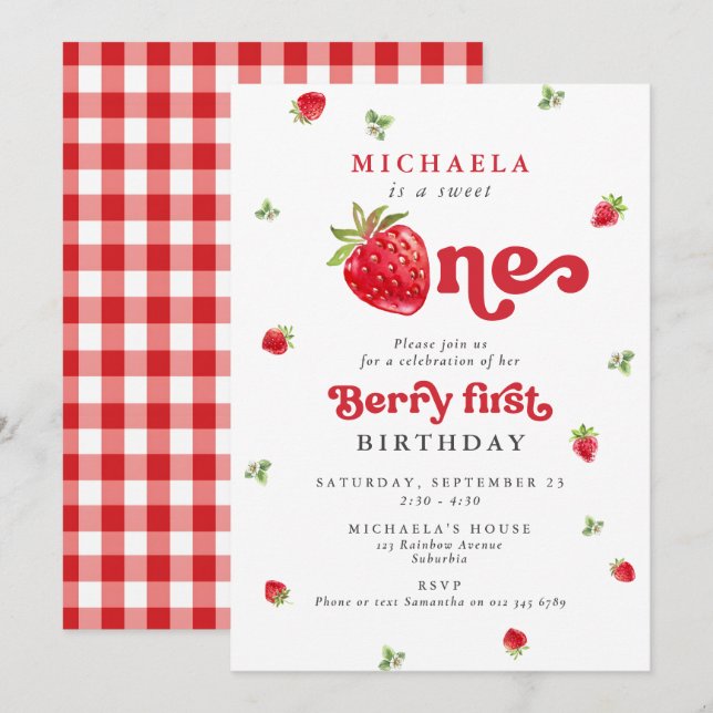 Invitation Douce Première Fête d'anniversaire de la Myrtille  (Devant / Derrière)