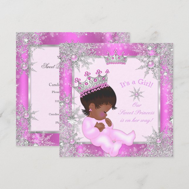 Invitation Douce Princesse Baby Shower Flocon de Neige Rose E (Devant / Derrière)