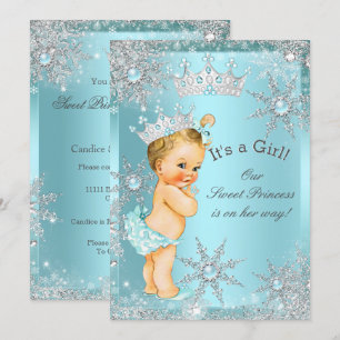 Invitation Douce Princesse Fille Baby Shower Bleu Clair Blond
