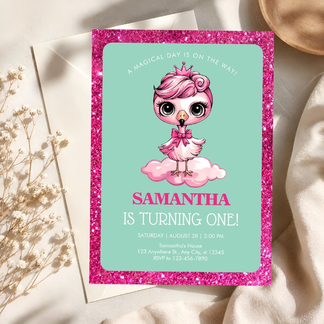 Invitation Douce Princesse Flamant Rose Fête son Premier Anni (Créateur téléchargé)