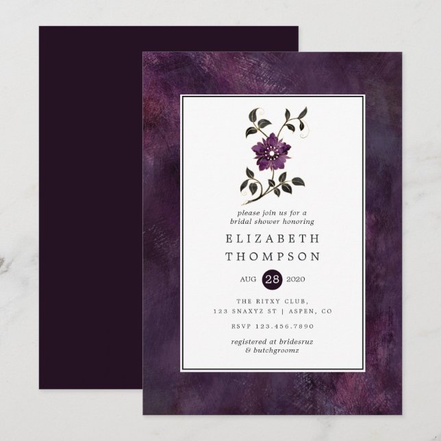 Invitation Douce Profonde Velours De Prune Florale Mariage (Devant / Derrière)