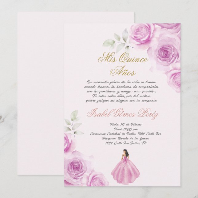 Invitation Douce Quinceanera espagnole rose (Devant / Derrière)