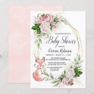Invitation Douce Renarde Rose Aquarelle Baby Shower Végétal