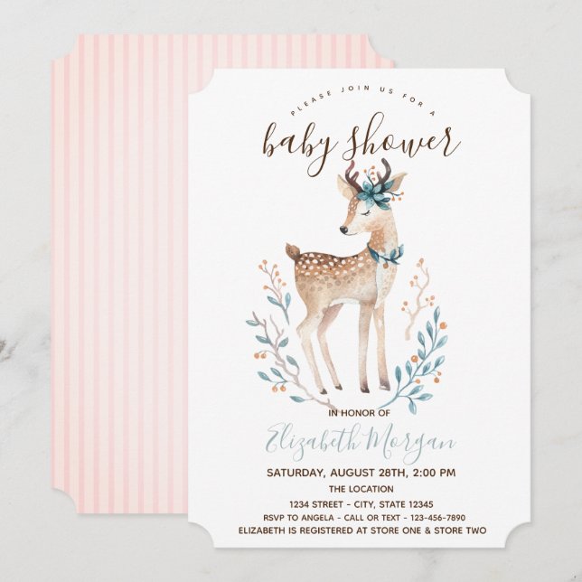 Invitation Douce rennes rayures roses Baby Shower  (Devant / Derrière)