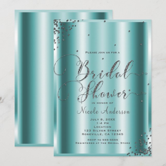 Invitation Douce Rêve Moderne Argent Corners de Confettis Aqu (Devant / Derrière)