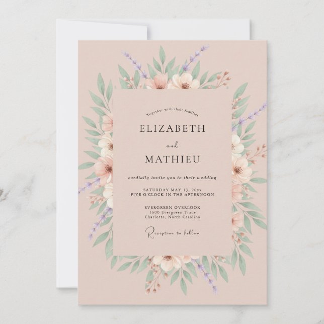 Invitation Douce Romance Florale Mariage Rose Poussiéreuse (Devant)
