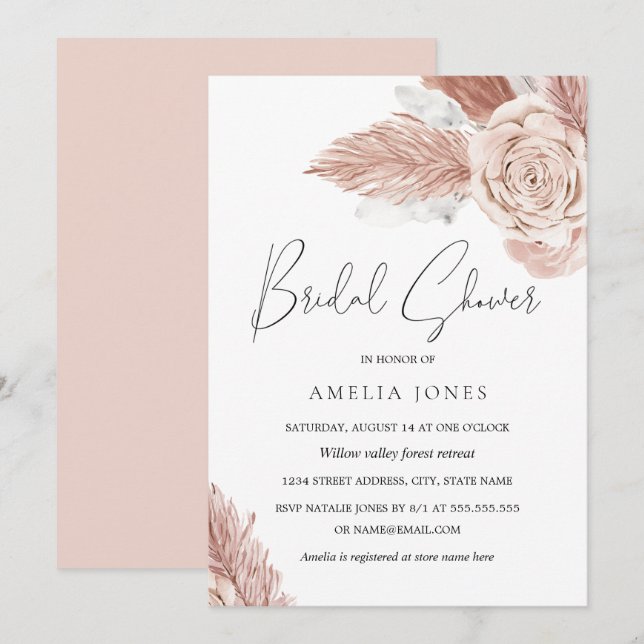 Invitation Douce rose aquarelle fleurs bohèmes enterrement de (Devant / Derrière)