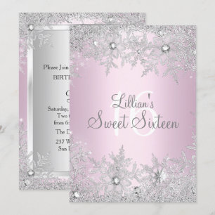 Invitation Douce Rose Douce 16 Flocon de Neige Hiver Merveill