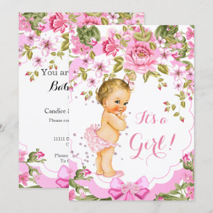Invitation Douce Rose Florale Rose Baby Shower Fille Blonde