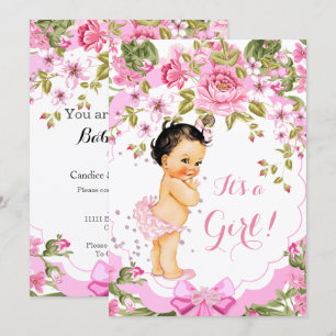 Invitation Douce Rose Florale Rose Baby Shower Fille Brune