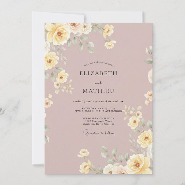 Invitation Douce Rose Jaune Pâle Fleur de Mariage (Devant)