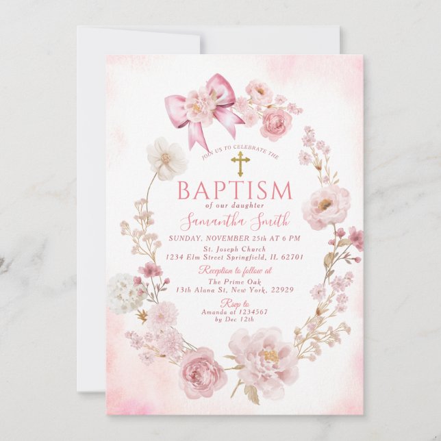 Invitation Douce Rose Poussiéreuse Fleurie Croix Fille Baptêm (Devant)
