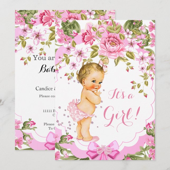 Invitation Douce rose Rose Baby shower Fille Blonde (Devant / Derrière)