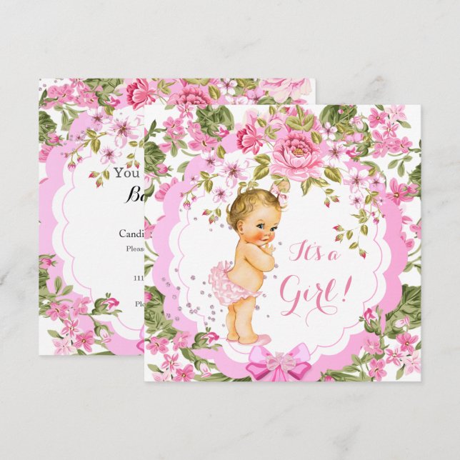 Invitation Douce rose Rose Baby shower Fille Blonde (Devant / Derrière)