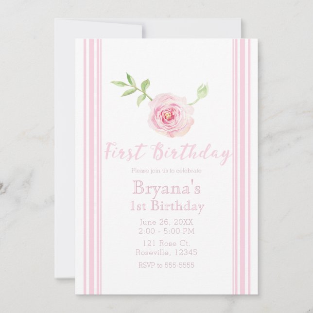 Invitation Douce Rose Rose Florale Filles Premier 1er Anniver (Devant)