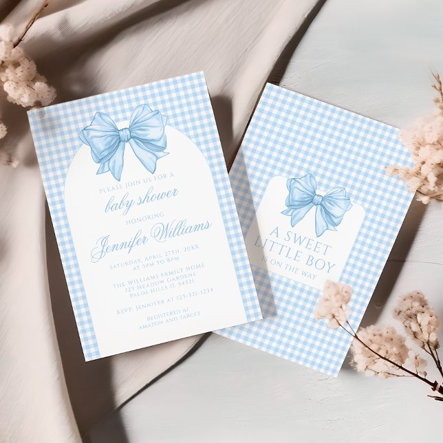 Invitation Douce ruban à nœud gingham bleu arche bébé garçon  (Créateur téléchargé)