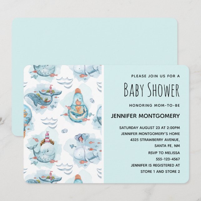 Invitation Douce Salle de Bain avec Motif Aquarelle de Balein (Devant / Derrière)