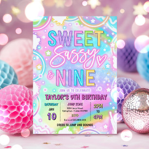 Invitation Douce Sassy Et Neuf Anniversaire Néon Arc-en-ciel 